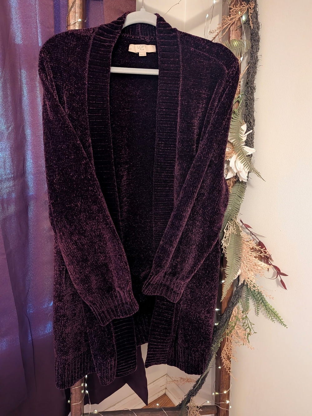 Deep Plum Purple Chenille Open Front Cardigan - Picture 6 of 6
